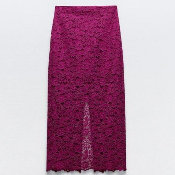ZARA High-Waisted Floral Lace Rear Slit Midi Skirt Size XS Fuchsia - Picture 3 of 9
